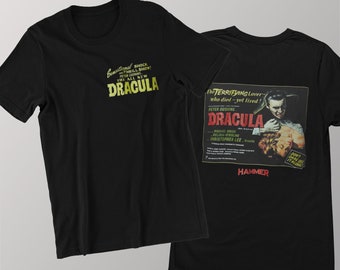 Horror Film Dracula Hammer Who Died - Yet Lived Printed Font and Back Unisex Classic T-shirt, Horror Movie Shirt, Halloween Day Shirt