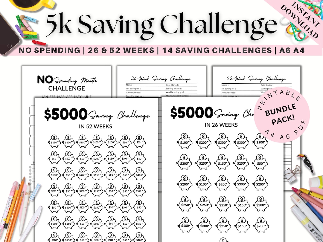 Premium 5k Savings Challenge Printable, Money Saving Challenge BUNDLE ...