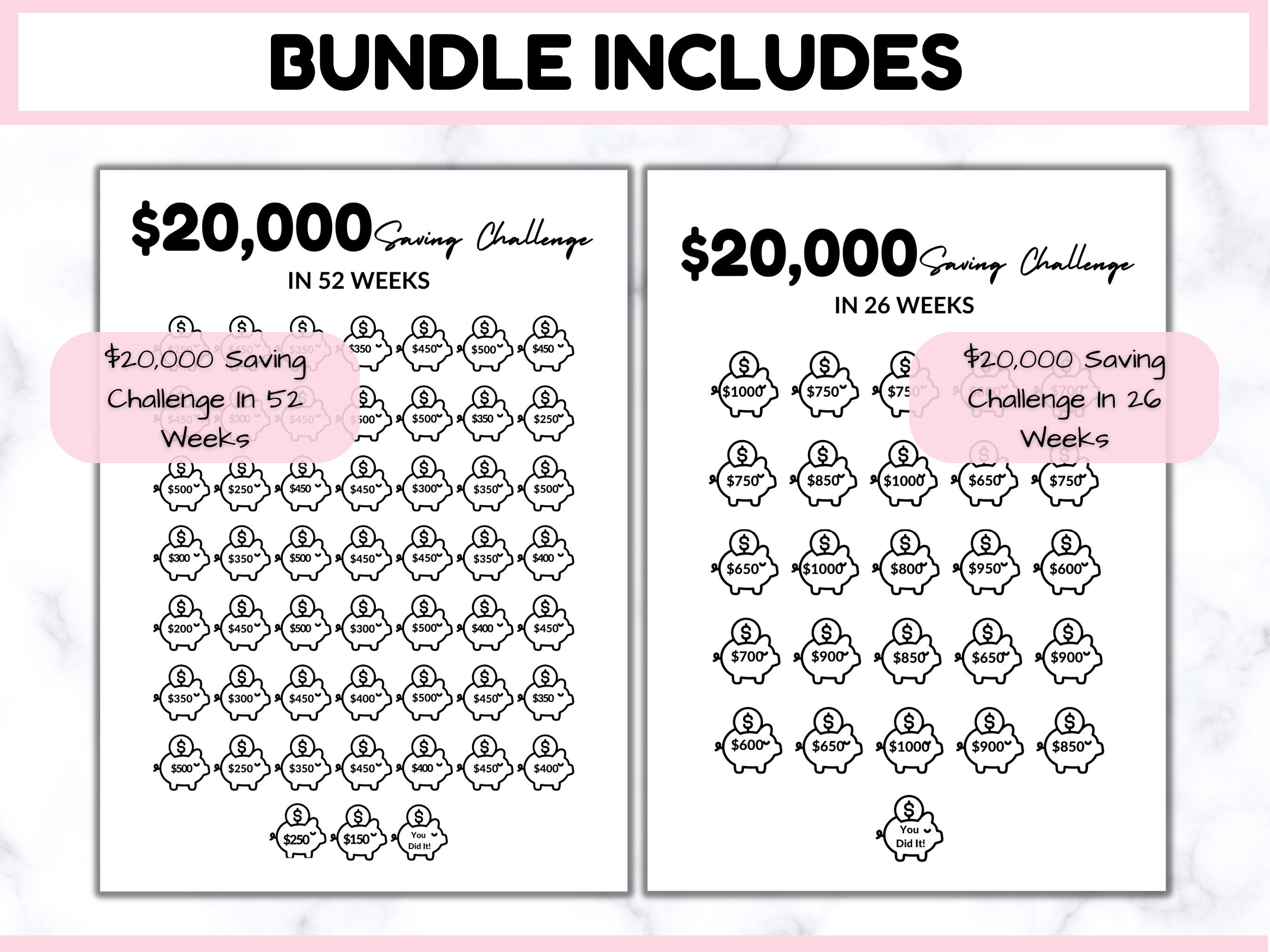 Premium 20k Savings Challenge Printable, Money Saving Challenge BUNDLE ...