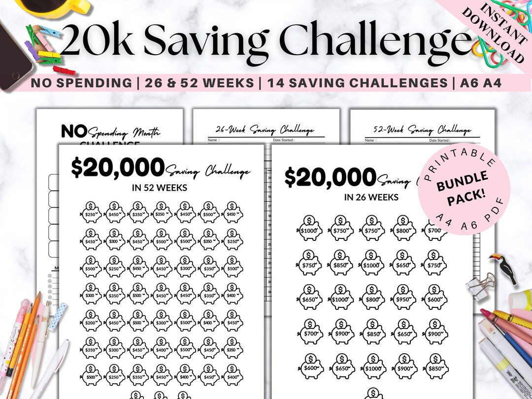 Premium 20k Savings Challenge Printable, Money Saving Challenge BUNDLE ...