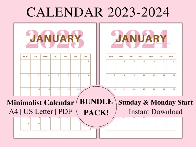 Printable Calendar 2023 2024 Light Pink Calendar Bundle Etsy Canada
