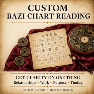 May include: A Bazi chart reading service display featuring the text CUSTOM BAZI CHART READING, GET CLARITY ON ONE THING, Relationships, Work, Purpose, Timing, Ancient Wisdom, Modern Guidance, a grid with Chinese characters, three coins, and a compass.