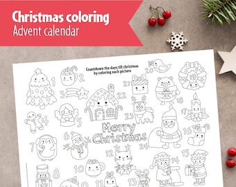 Printable Coloring Christmas Cute Advent Calendar, Holiday Coloring Pages for Kids. Arts and crafts for kids