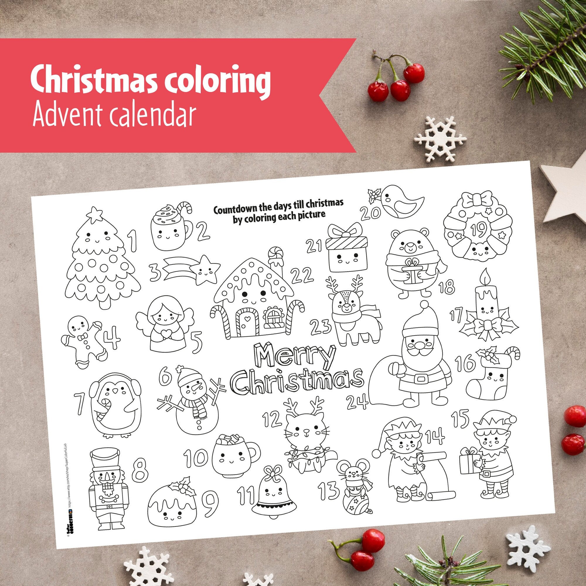 Printable Coloring Christmas Cute Advent Calendar, Holiday Coloring Pages for Kids. Arts and crafts for kids