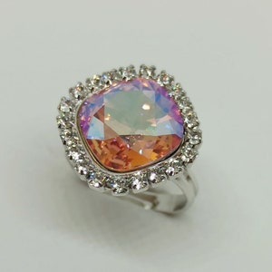 Adjustable Strass ring with Swarovski Square Rhinestone 12mm LIGHT ROSE SHIMMER F