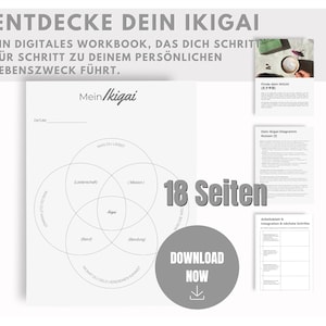 Könnte beinhalten: Ein schwarzer und weißer Workbook-Umschlag mit dem Titel "Entdecke Dein Ikigai" und dem Text "Ein digitales Workbook, das dich Schritt für Schritt zu deinem persönlichen Lebenszweck führt." Der Umschlag zeigt auch ein Diagramm mit vier sich überlappenden Kreisen, die mit "Was du liebst", "Leidenschaft", "Beruf" und "Was die Welt braucht" beschriftet sind.