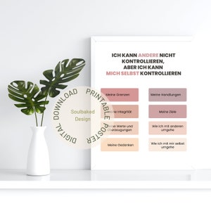 May include: A printable poster with the text "I can't control others, but I can control myself." The poster is divided into sections with headings like "My Boundaries", "My Integrity", "My Values and Beliefs", "My Thoughts", "My Actions", and "My Goals".