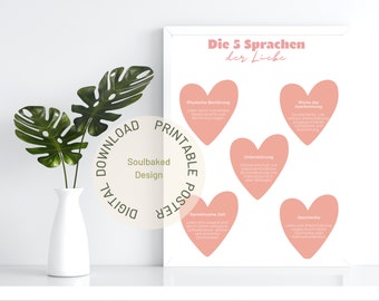 Los 5 LENGUAJES DEL AMOR, decoración terapeuta, lenguaje del amor, relación sana, terapia de pareja, impresión digital, alemán