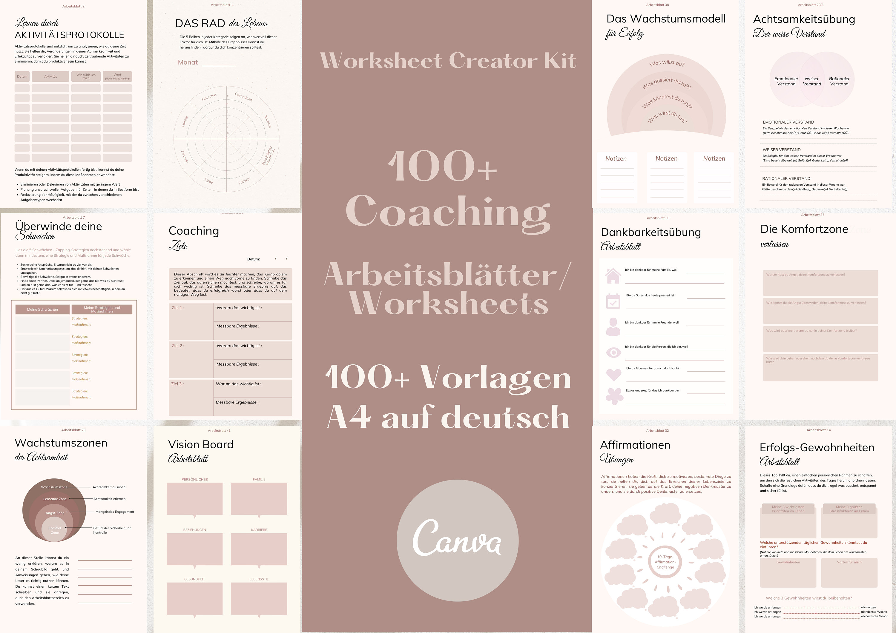 100+ Coaching Worksheets, Sofort-Download, Canva Vorlage, Life Coaches