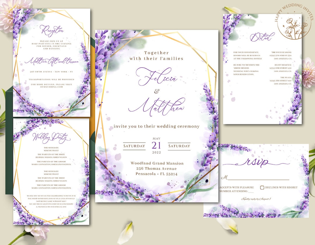 LILAC Floral Wedding Invitation Set Template Amethyst Orchid Etsy
