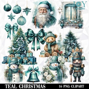 Acuarela Teal Christmas Clipart PNG - Diseños de sublimación, Scrapbooking, Diario y más