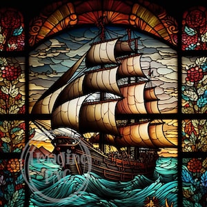 Stained Glass Pirate Ship Sublimation Design, Old Ship PNG, Sublimation Digital Instant Download, Sublimation Prints PNG