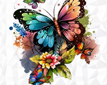 Watercolor Butterflies and Flowers PNG Clipart, Flowers PNG, Sublimation Digital Instant Download, Digital Graphic Illustration Print