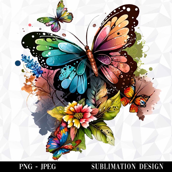 Watercolor Butterflies and Flowers PNG Clipart, Flowers PNG, Sublimation Digital Instant Download, Digital Graphic Illustration Print