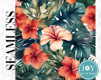 Seamless Pattern, Flowers Seamless Pattern PNG, Seamless Digital Paper, Hibiscus Background, Digital Scrapbooking, Sublimation Designs