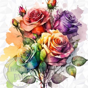 Watercolor Roses Sublimation Design, Flowers PNG, Rainbow Roses Sublimation Digital Instant Download, Spring Flowers Sublimation Print PNG