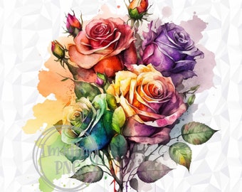 Watercolor Roses Sublimation Design, Flowers PNG, Rainbow Roses Sublimation Digital Instant Download, Spring Flowers Sublimation Print PNG
