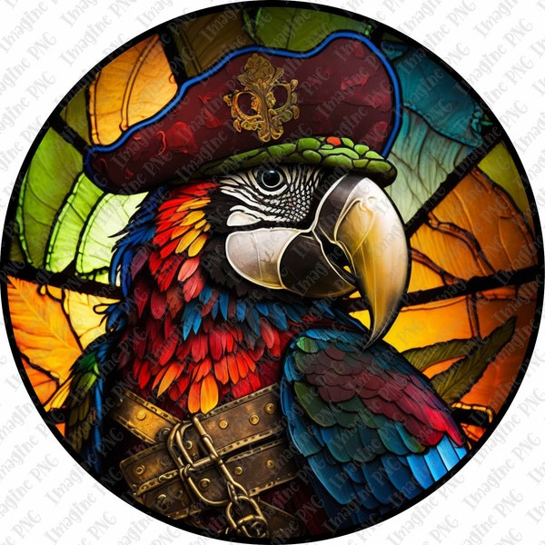 Stained Glass Parrot Pirate Sublimation Design, Parrot PNG, Digital Download Round Door Hanger, Door Hanger Template, Round Door Sign