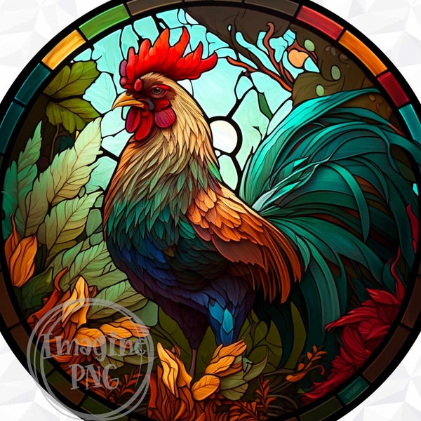 Faux Stained Glass Rooster Sublimation Design, Farm PNG, Digital Download Round Door Hanger, Door Hanger Template, Round Door Sign