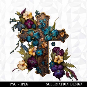Cross and Flowers Sublimation Design, Cross PNG, Digital Instant Download, Graphic Illustration Print, Sublimation Prints PNG, Flowers PNG