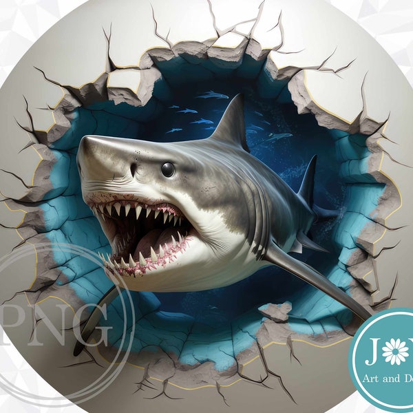 3D Shark Round PNG Sublimation Design, Digital Download Round PNG Clipart for Door Hangers, Coasters, Glass Cutting Board and more