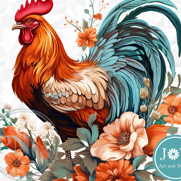 Rooster and Flowers Sublimation Design Instant Digital Download PNG for T-Shirt Cutting Glass Board Coasters and more