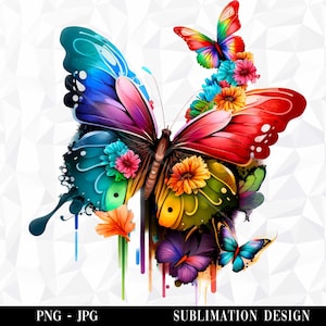 Watercolor Butterflies and Flowers PNG Clipart, Flowers PNG, Sublimation Digital Instant Download, Digital Graphic Illustration Print