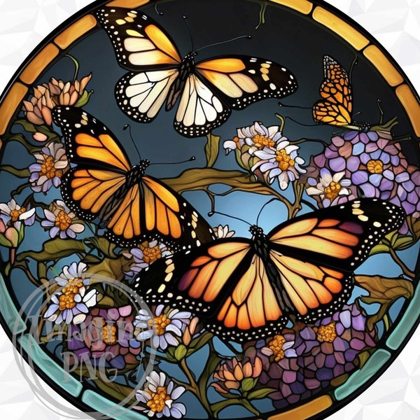 Stained Glass Butterflies Sublimation Design, Digital Download Round Door Hanger, Door Hanger Template, Round Door Sign, Coasters PNG