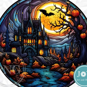 Stained Glass Halloween Sublimation Design, Digital Download Round Door Hanger, Round Door Sign PNG, Coasters PNG, Glass Cutting Board PNG