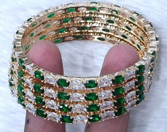 Bridal Bangles Beautiful Traditional Green Oval & White CZ Stone 18K Gold Plated 4 Pics Jewelry Sets