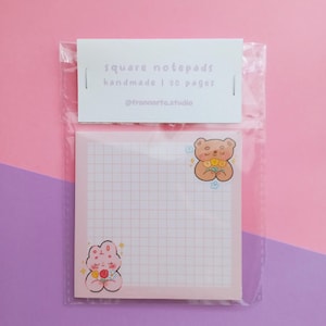Coniglio e Orso con Fiori Block Notes / Mini taccuino quadrato colori pastello / Blocco Note kawaii