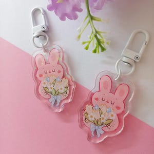 Pink Bunny Keychain with Bouquet / Cute Kawaii Accessory, Floral Animal Keyring