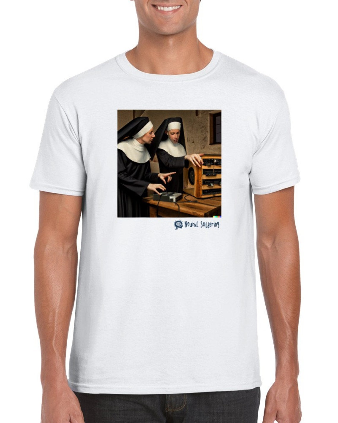 White Unisex Crewneck T-shirt with Medieval Nuns image 4