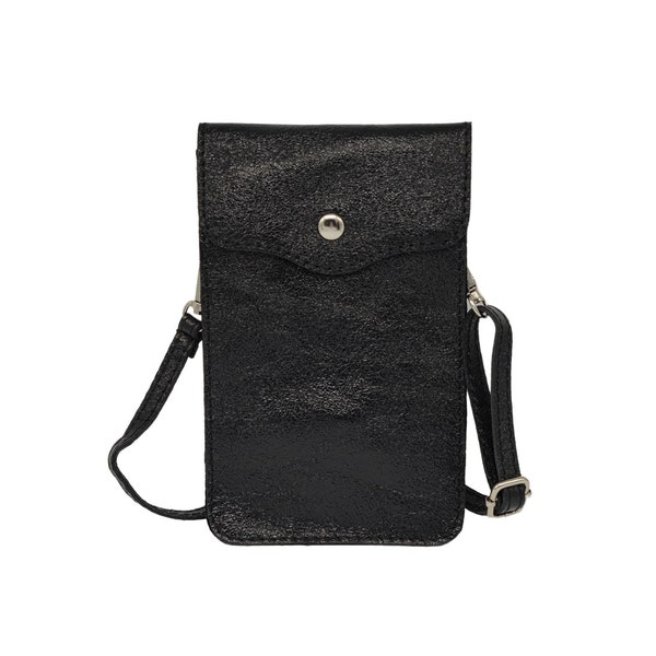 Pochette téléphone portable en cuir irisé avec bandoulière , Phone leather pouch , idée cadeau , sac téléphone bandoulière