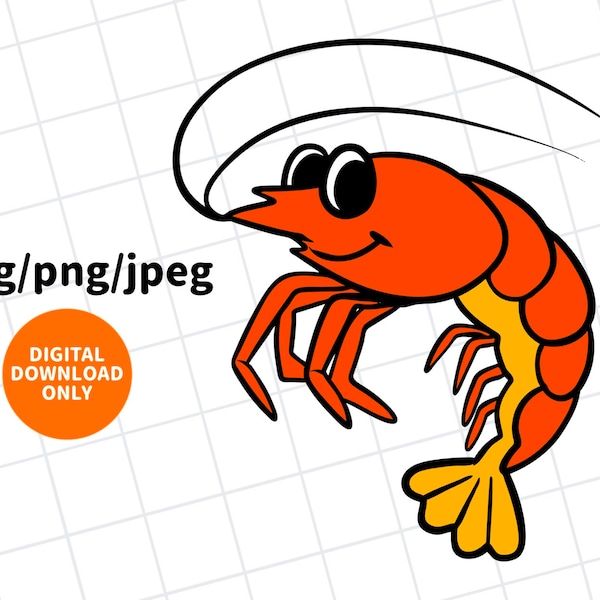 cartoon shrimp clipart, vector svg shrimp, cute shrimp png, cut file shrimp, smiling shrimp