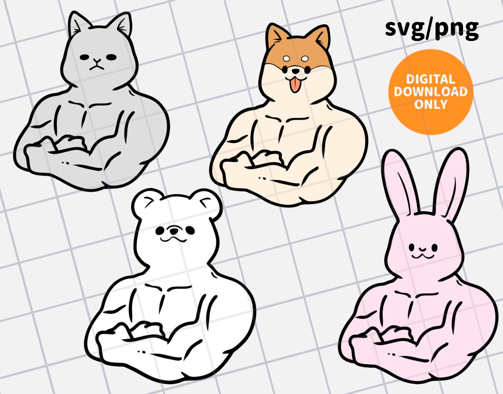 muscle animals svg png digital clipart, muscular shiba dog, cat, rabbit, bear, bodybuilding animals, fitness cute animals, funny clipart
