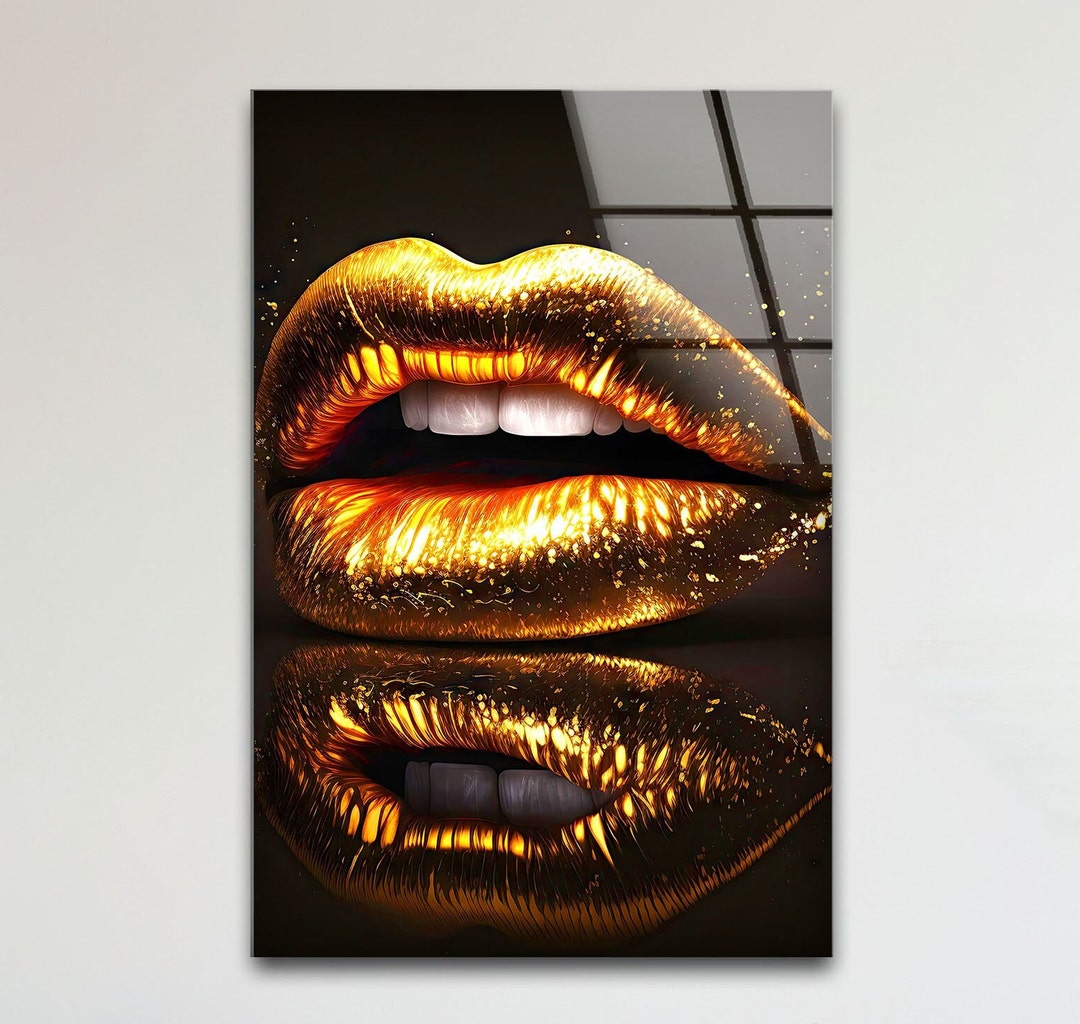 Tempered Glass Wall Artgold Lips Wall Decorhome Decorlarge Lips Wall Artlarge Gold Lips Wall