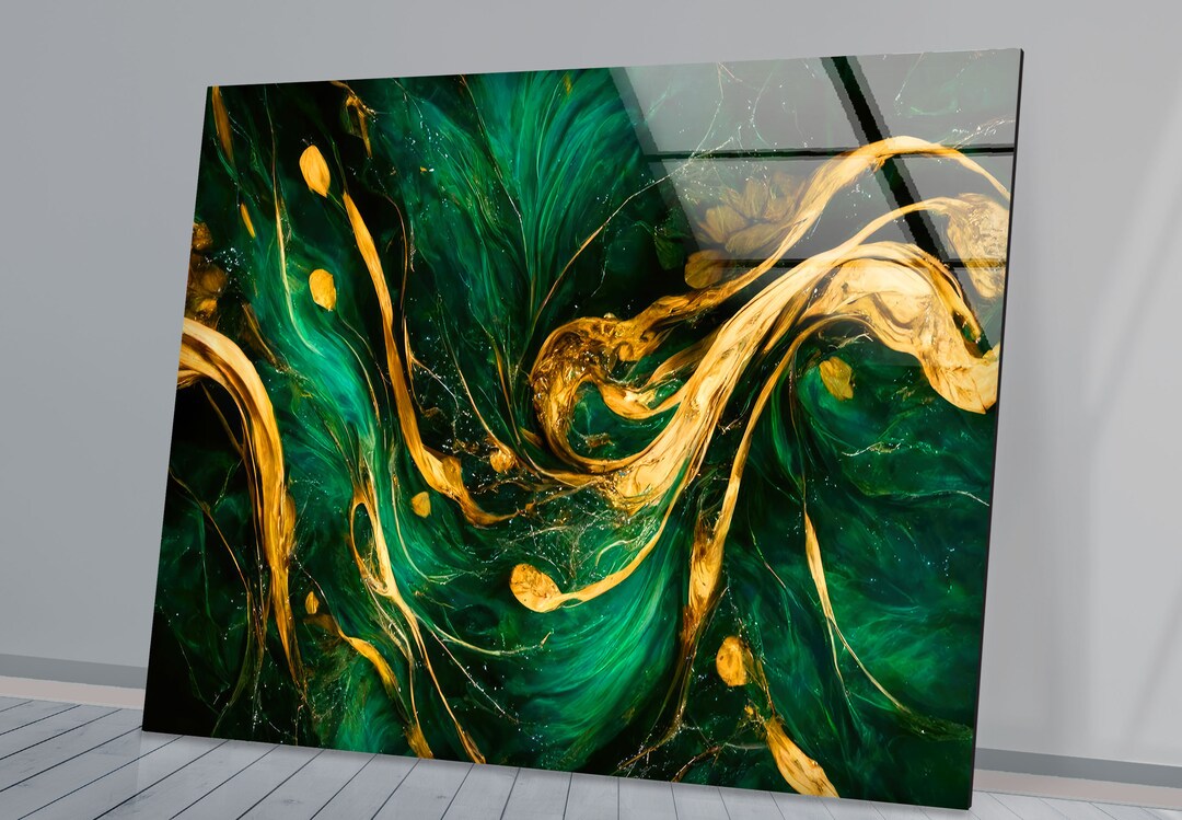 Tempered Glass Wall Artgreen Wall Art Giftgolden Abstract Arttempered Glass Artglass Wall