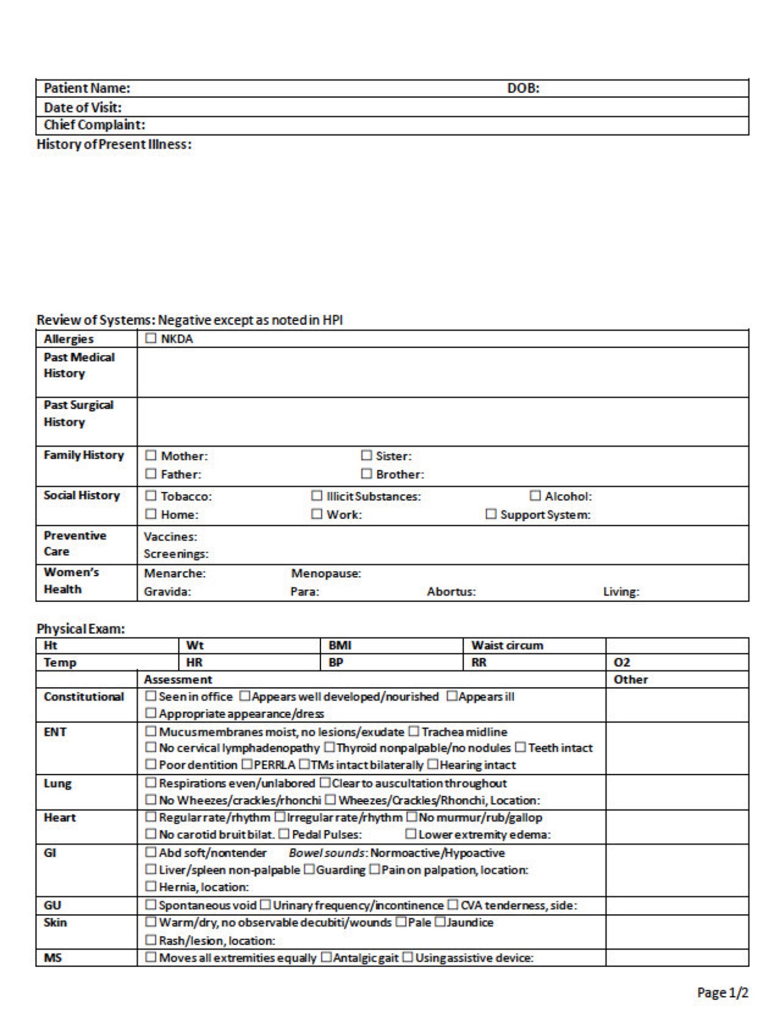 History and Physical SOAP Note Template Comprehensive Physical