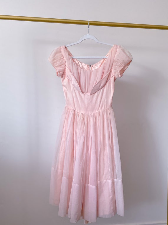 50’s Orchid Pink Sheer Chiffon Full Skirt Sweetheart Dress