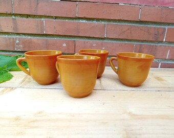 4 Honey-colored enameled ceramic coffee-tea cups with geometric threads FRANCE 70s/80s