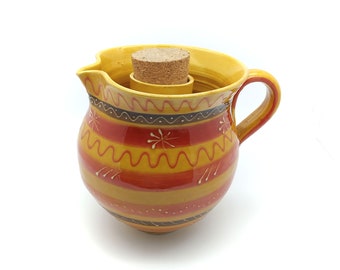 Decorated painted and varnished clay water carafe pitcher with ice cube reservoir, handcrafted, capacity 2 liters