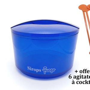 Large advertising ice cube tray for bar FUEGO Syrup transparent blue with vintage lid - 4 liters - bourbon communication 90s