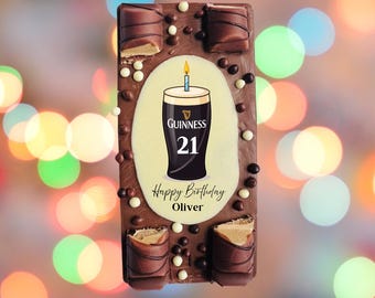 Guinness personalized name and age Birthday Belgian Chocolate Bar: Topped with Kinder Bueno,milky way stars and sprinkles.
