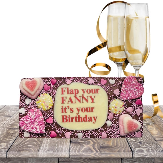 Real handmade Belgian chocolate bar with an absolutely unhinged name printed on a custom wrapper — edible gag gift done right.