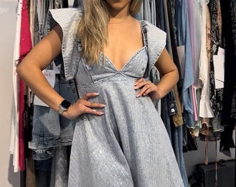 Rhinestone Custom Denim Concert Bow Dress | Sparkly Rhinestone | Western Country Denim Dress