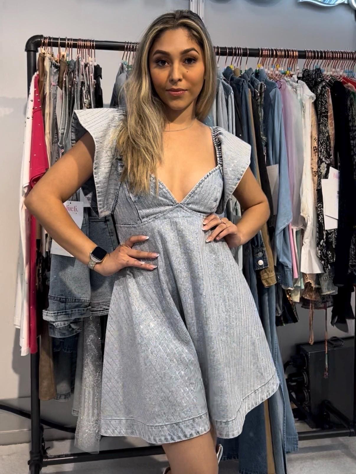 white christmas dresses Chanel diamond button blue denim dress – Wararni.com main image 1