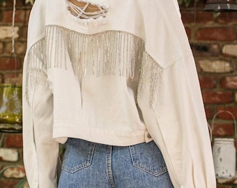 Fringe Rhinestone Cream Custom Concert Denim Jacket | Sparkly Rhinestone | Western Country Denim Jacket