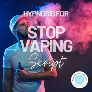 May include: A man in a white cap and white shirt is vaping. The image is surrounded by pink and blue smoke. The text "HYPNOSIS FOR STOP VAPING Script" is superimposed on the image. The text "Hypnotherapy-Script.com Hypnosis & Meditation" is in a circle at the bottom right of the image.