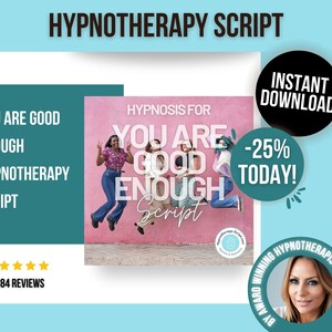 Könnte beinhalten: Ein rosa Hintergrund mit einer Gruppe von Frauen, die in die Luft springen. Der Text "Hypnose für Du bist gut genug Skript" ist auf dem Bild. Es gibt einen Rabatt von 25% heute. Das Bild ist für ein herunterladbares Hypnose-Skript.
